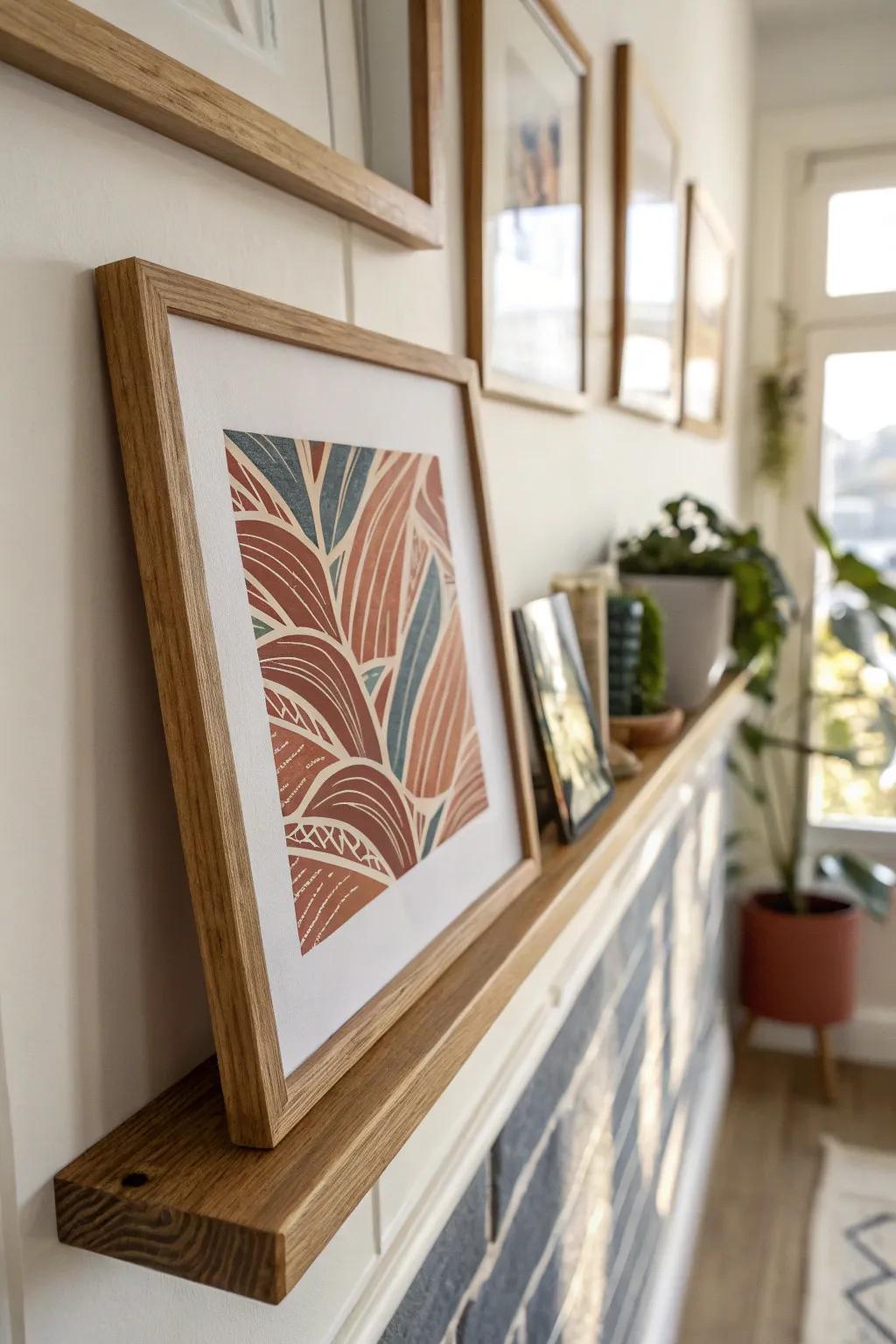 Swap prints in seconds—one slim picture ledge keeps your budget living room feeling new.