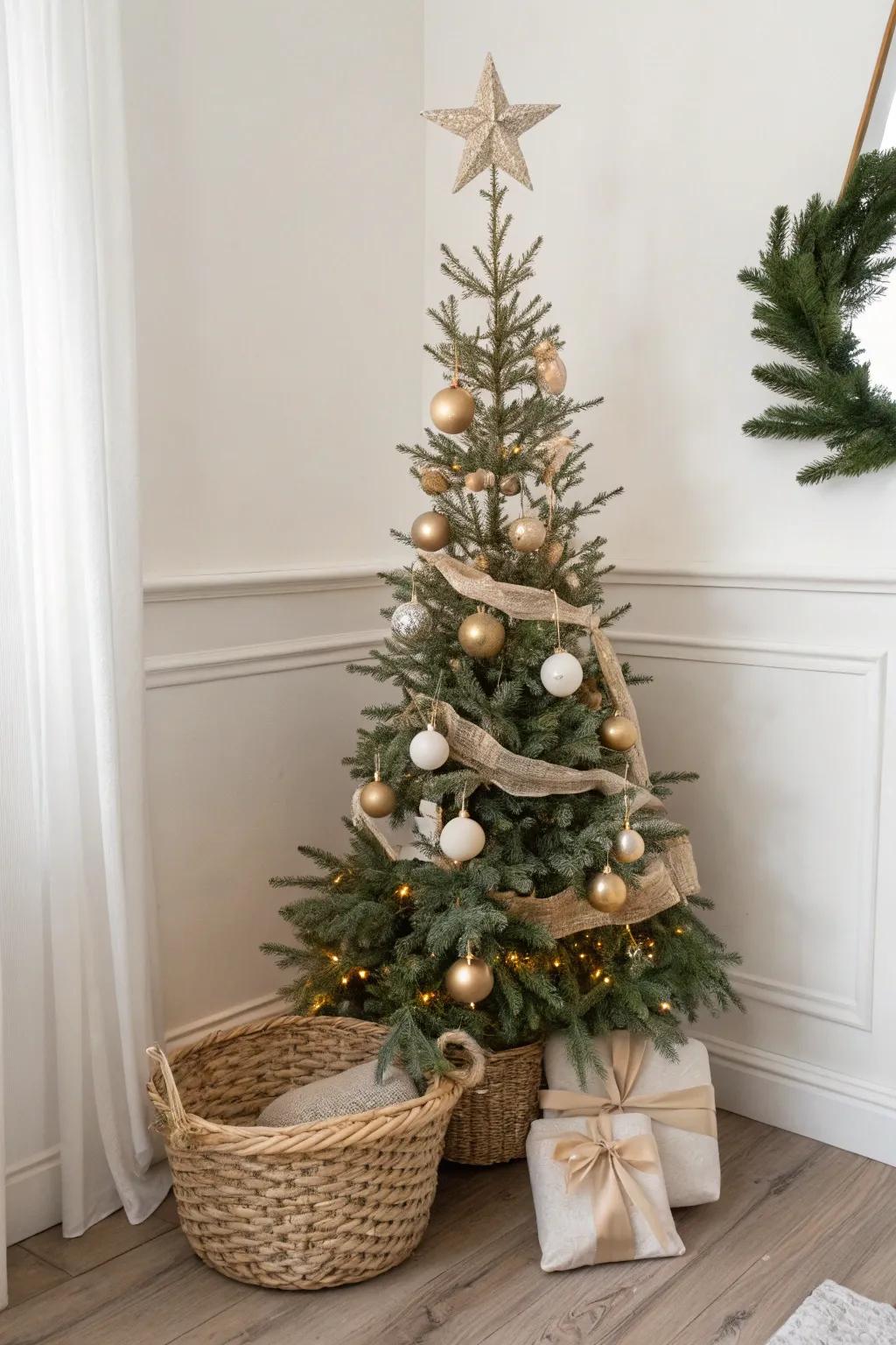 Neutral cream, tan, and soft metallics make a slim tree feel calm, airy, and festive.