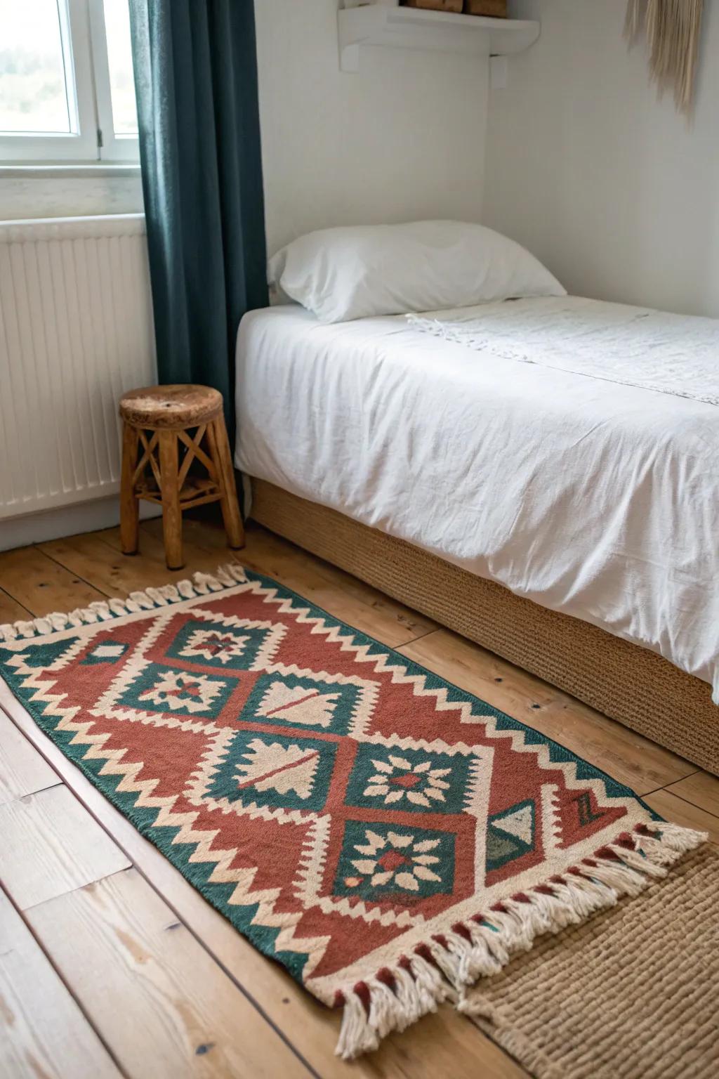 A bold handwoven rug defines the twin-bed zone and makes a small room feel instantly finished.