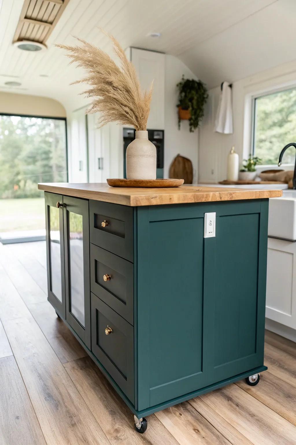 A moody painted island creates a designer zone break in a single-wide—bold, cozy, defined.