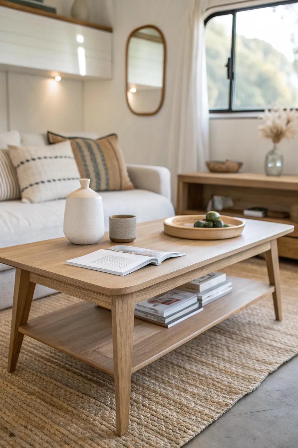 An open-leg coffee table keeps a single wide living room feeling light, airy, and spacious.
