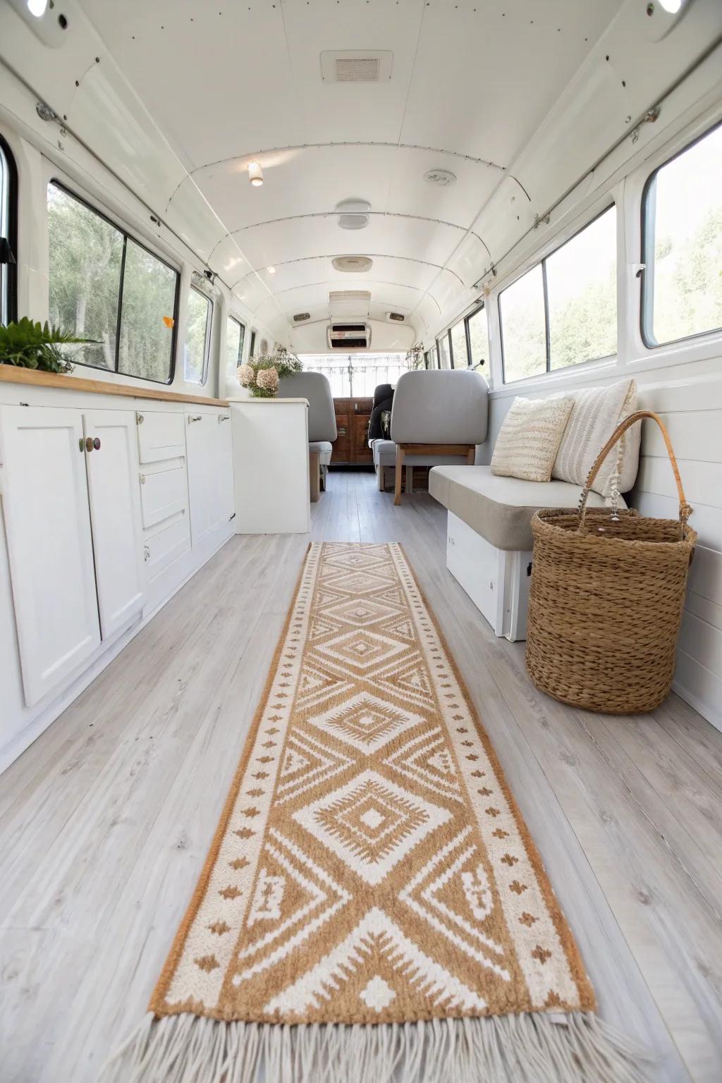 A low-pile runner rug adds instant skoolie coziness—soft steps, bold style, zero snagging.