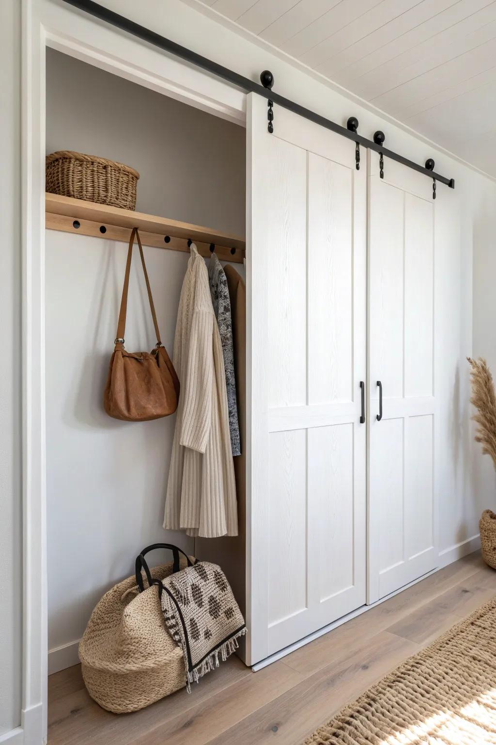 Hooks on the fixed panel keep sliding doors snag-free—perfect for tomorrow’s outfit or bags.