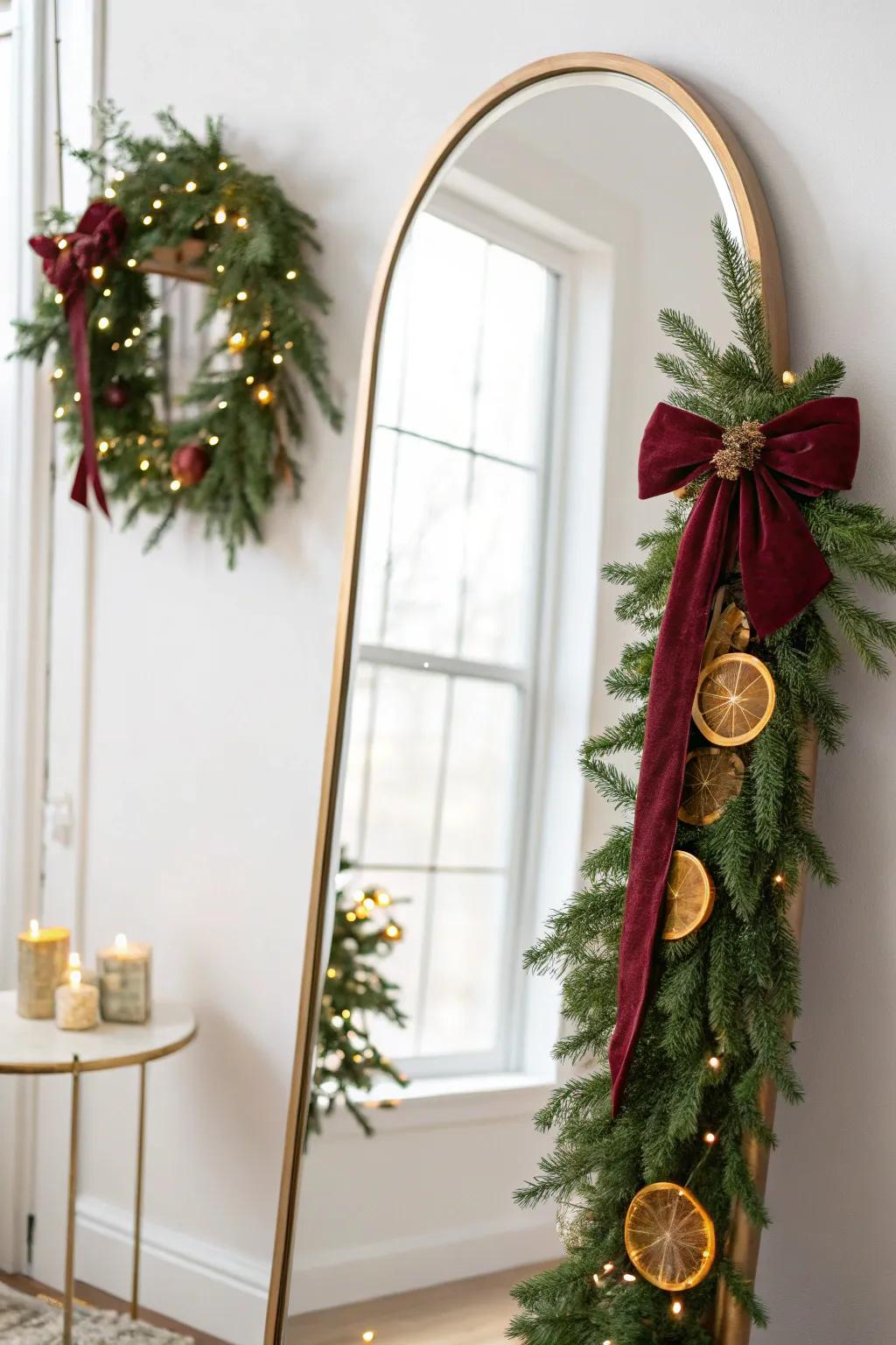 Garland-wrapped mirror doubles the twinkle—instant Christmas glow without cluttering small spaces.