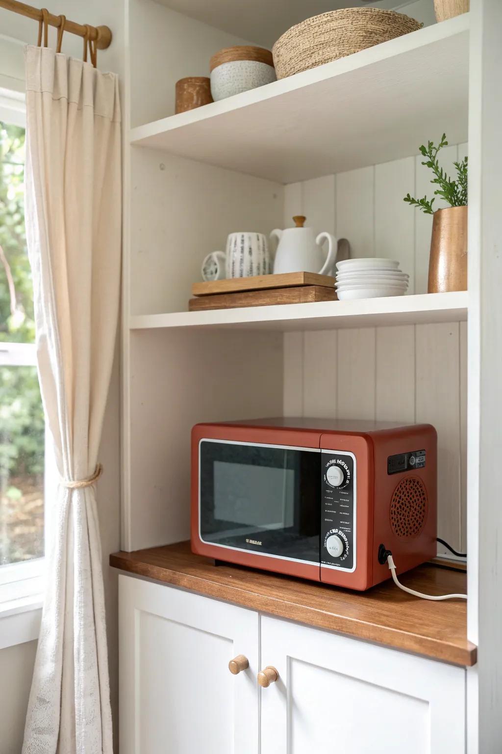 A chic open-shelf pantry nook keeps plug-in appliances off counters—pretty and practical.