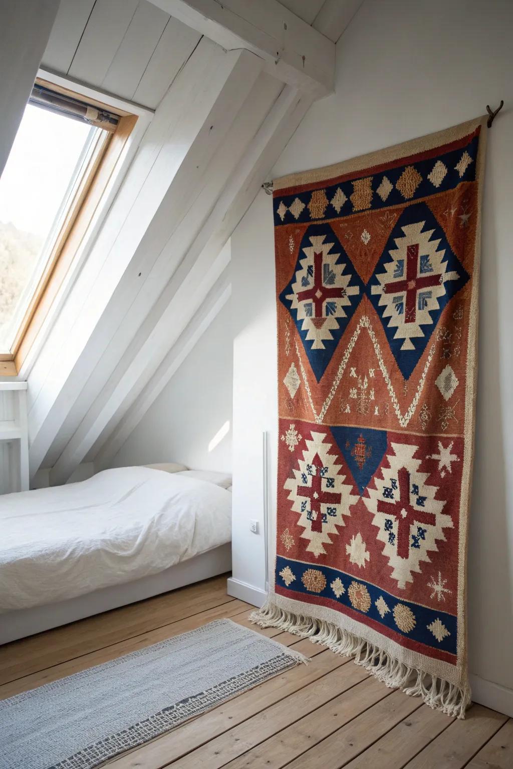 One bold tapestry behind the bed steals the spotlight, making attic angles fade away.