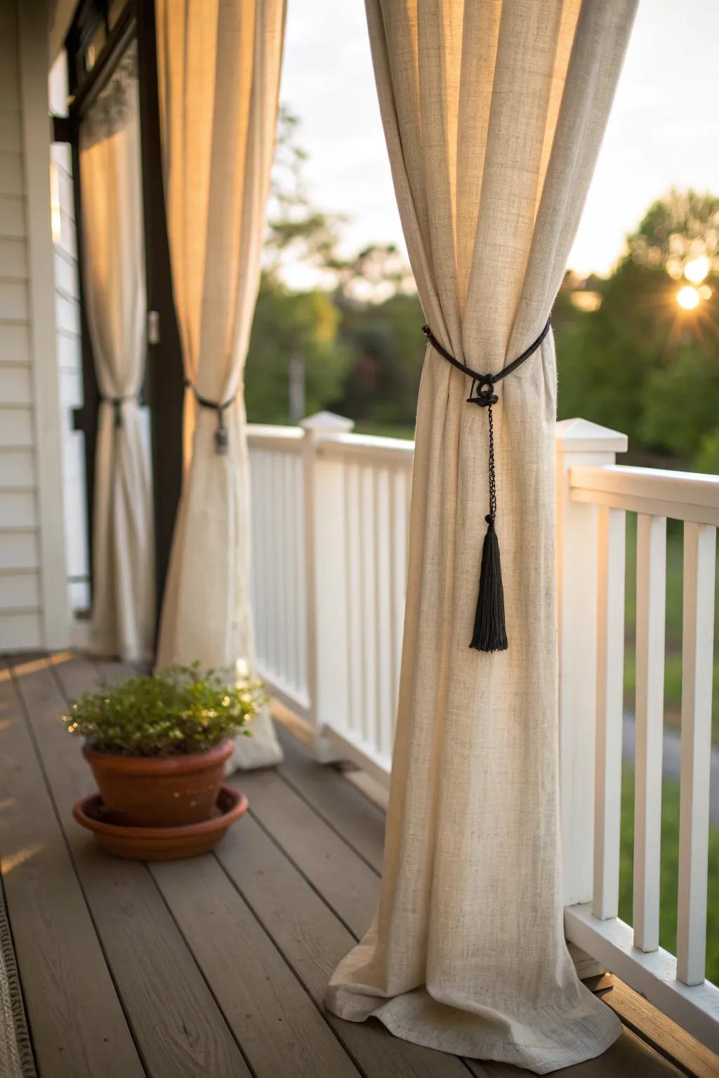 Outdoor curtains add soft privacy and turn a tiny back porch into a cozy “room.”