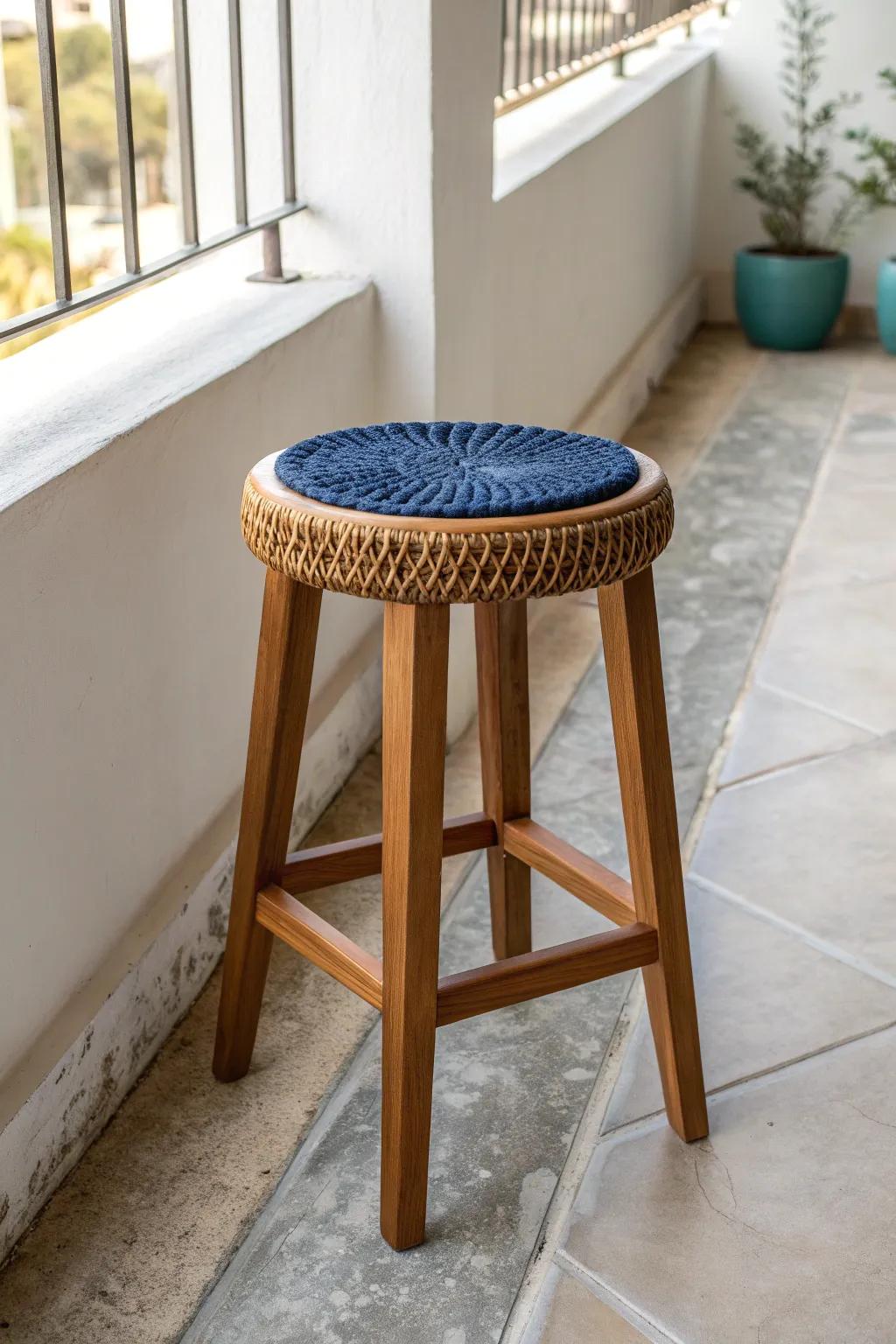 A simple stool doubles as a chic balcony side table—budget-friendly and effortlessly flexible.