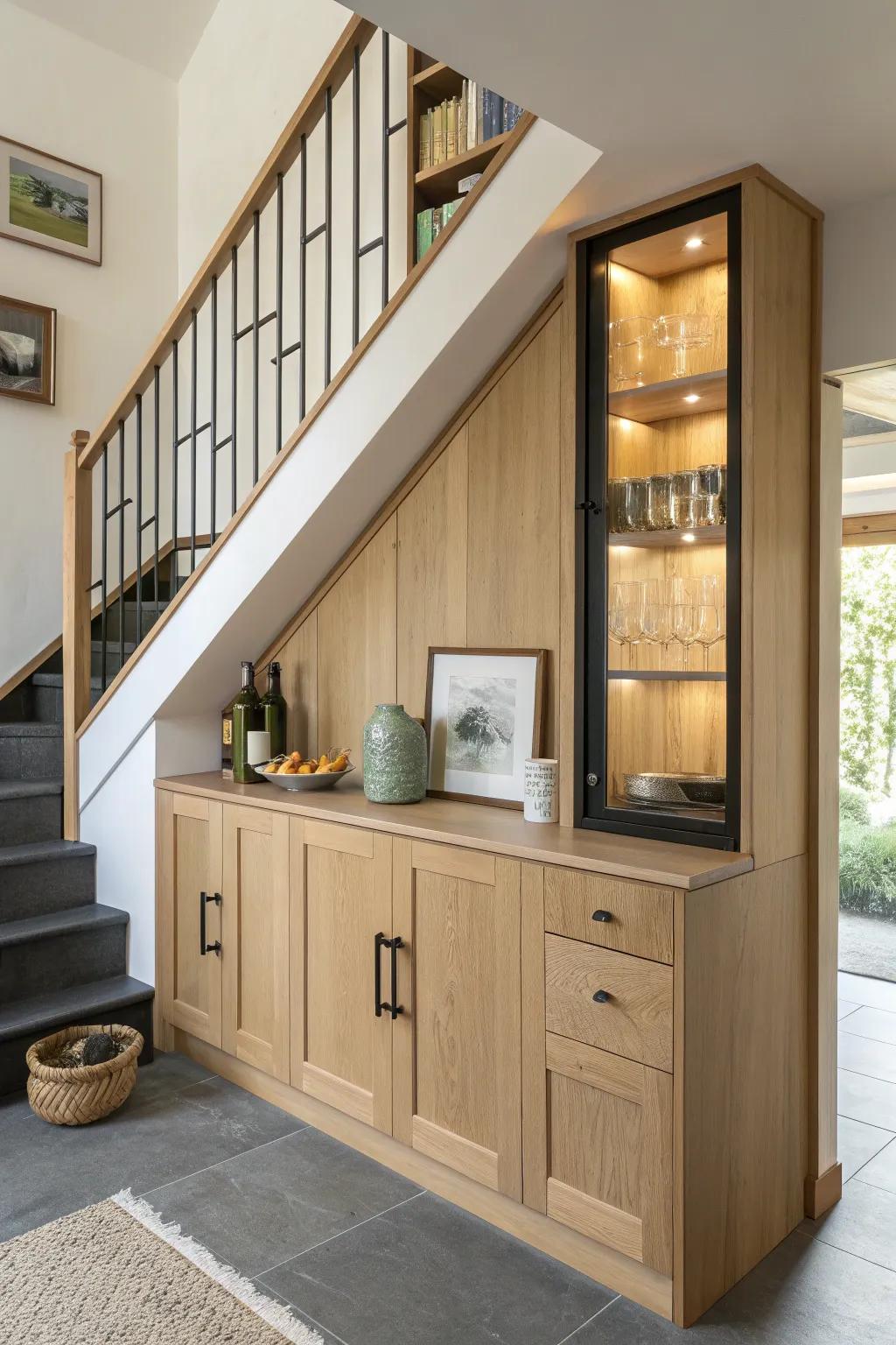 Turn the under-stairs wedge into a chic mini bar with warm lighting and slim shelving.