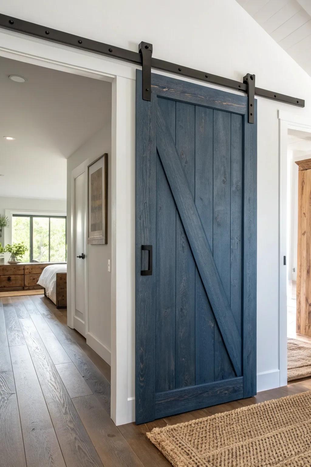 Define a quiet bedroom wing with a slim sliding barn door—privacy without stealing the wow ceiling.