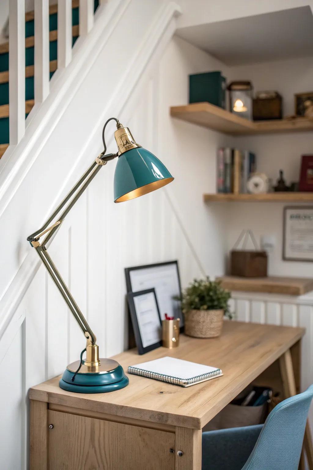Turn under-stairs space into a mini basement office—one bold task lamp makes it feel intentional.