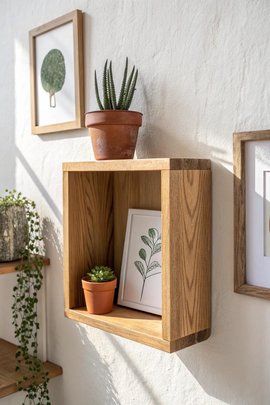 Crate-style cube shelf: warm oak, one plant, one print—storage that looks curated.