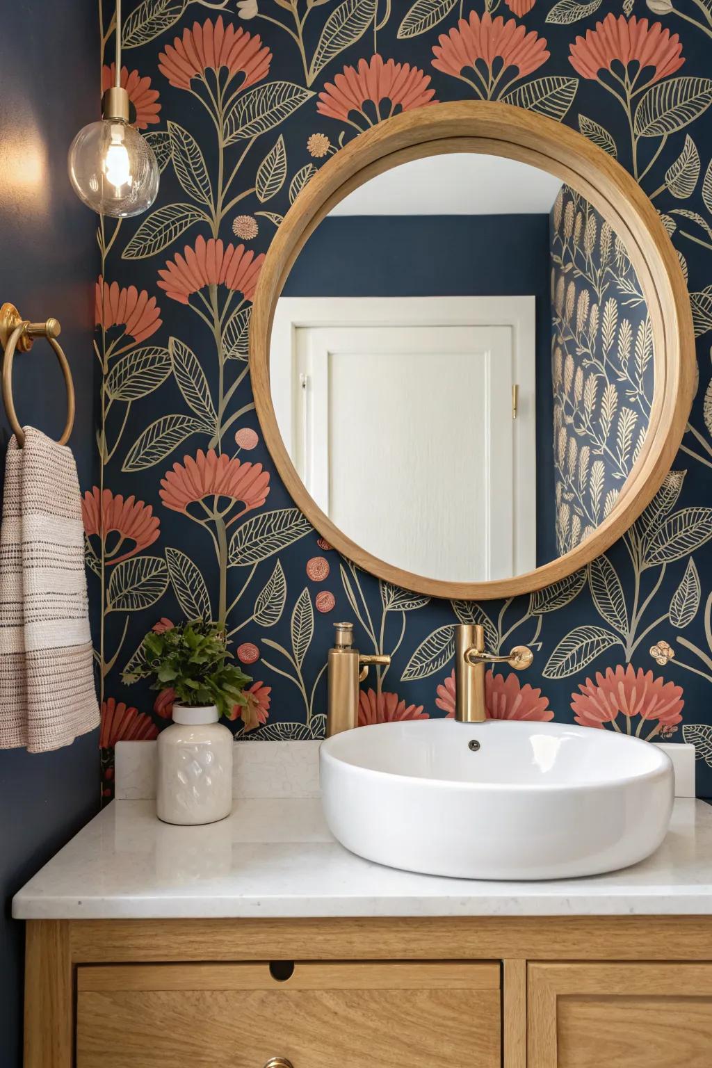 Let bold wallpaper be the “view”—a simple mirror turns a no-window bath into a jewel box.
