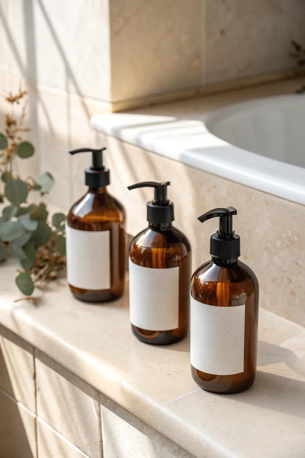 Matching dispensers in amber glass instantly calm your shower and make it feel bigger.