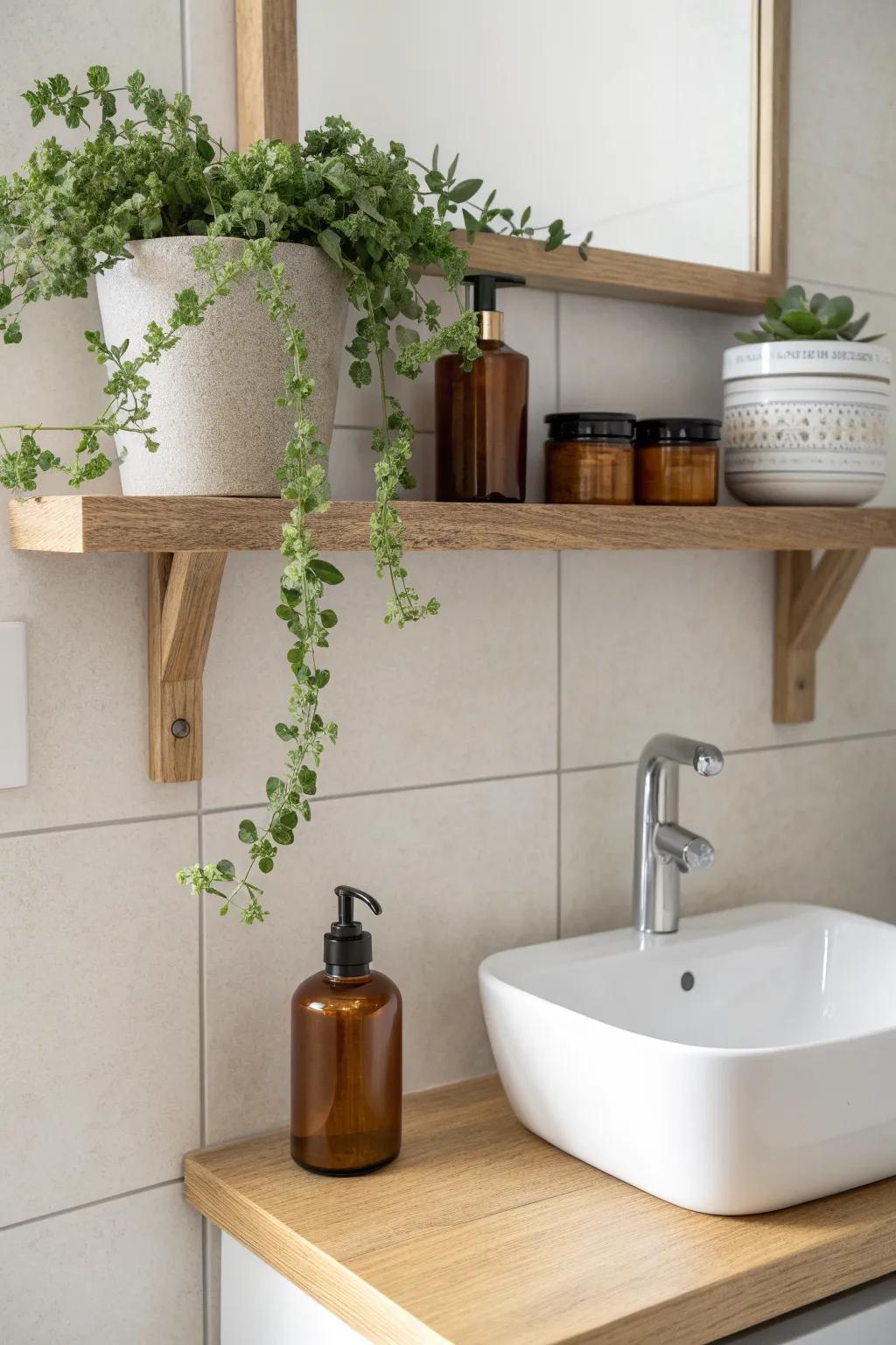A slim shelf above the faucet clears a tiny sink while showcasing one plant and one jar.
