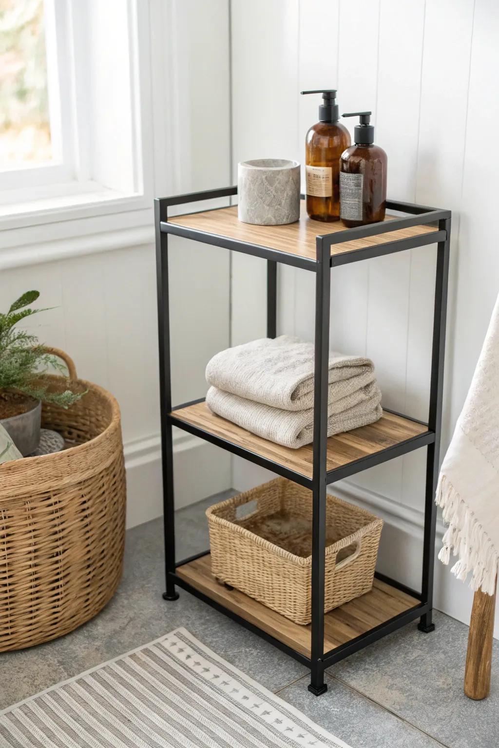 Two-tier bathroom table: pretty essentials up top, matching baskets below for hidden backups.