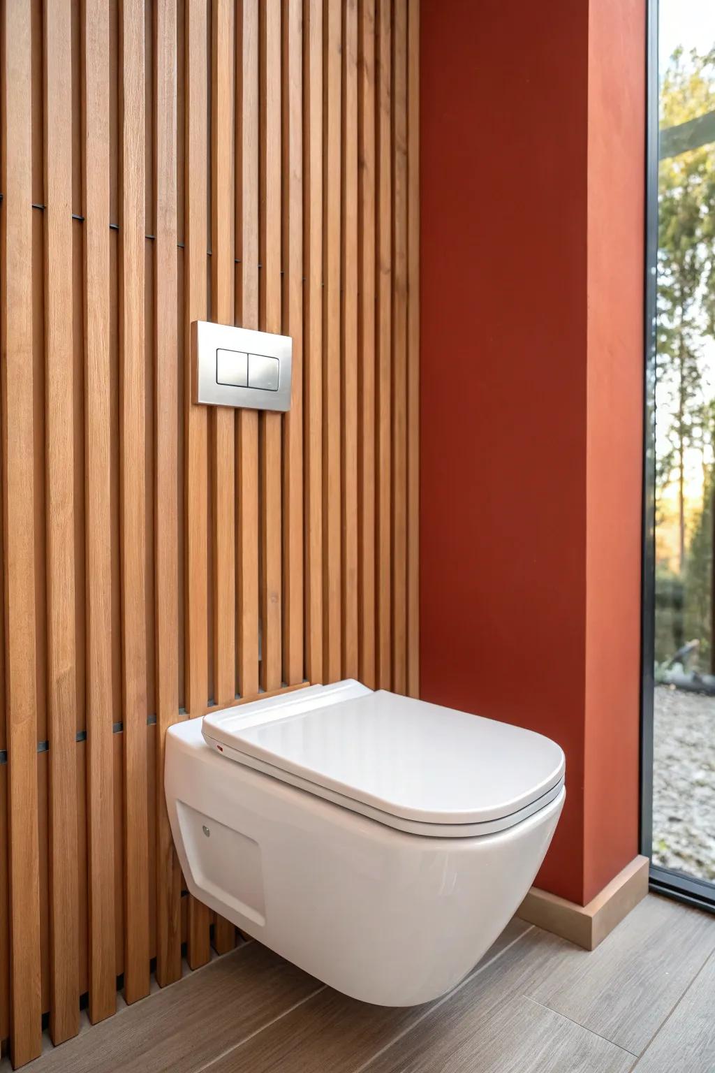Slim slat paneling turns the toilet wall into a warm, modern accent without crowding.