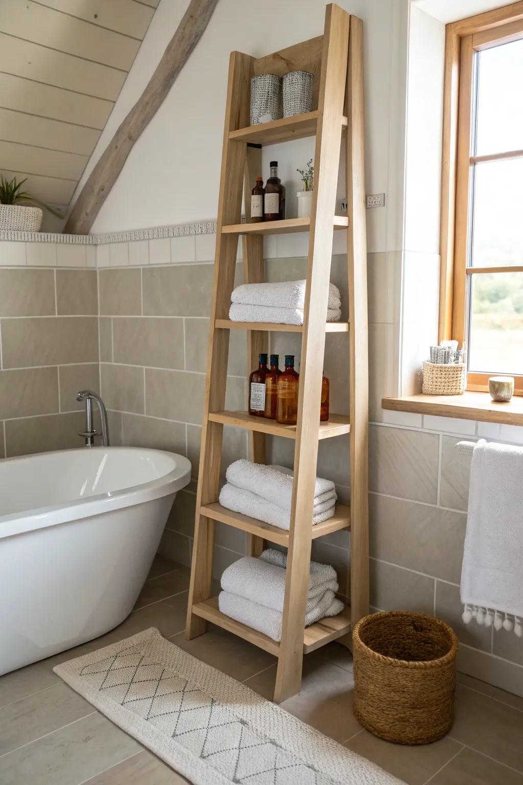 A tall, slim shelf at the tub end adds storage without stealing a single inch of floor space.