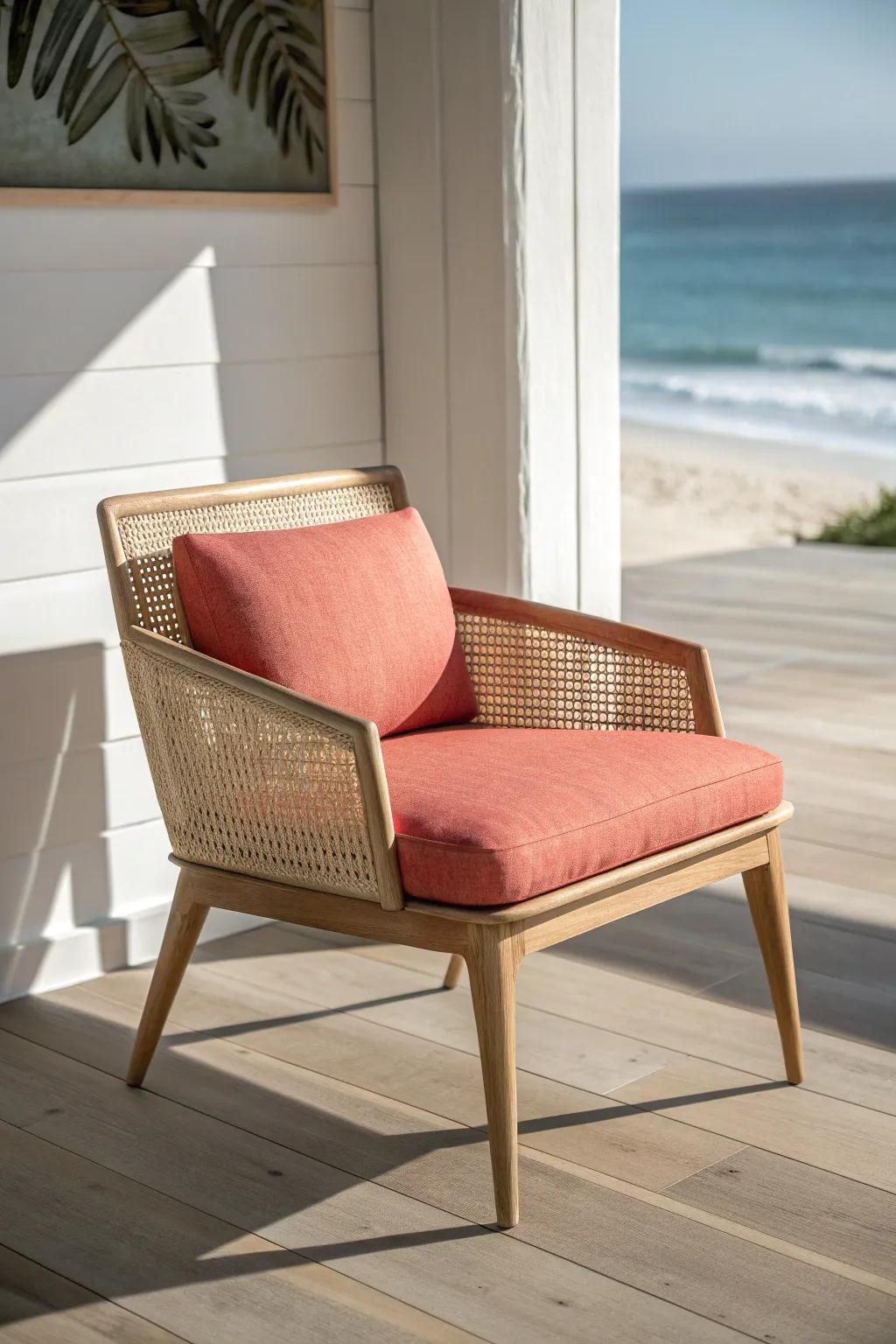 Slim raised legs keep the floor visible, making a small beach condo living room feel instantly airy.