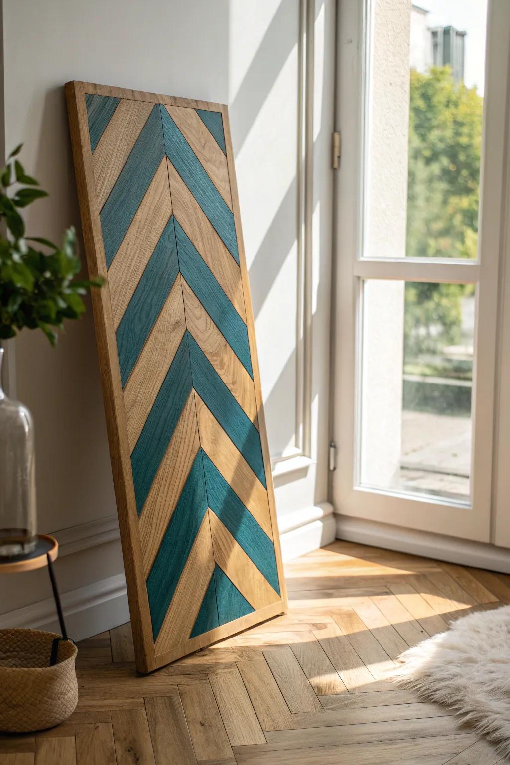 Chevron wood tones aimed to the window—an instant visual trick to stretch a small bedroom.