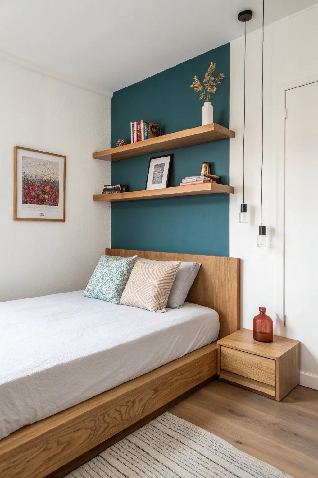 Swap a headboard for a slim shelf wall—add storage and styling without stealing space.