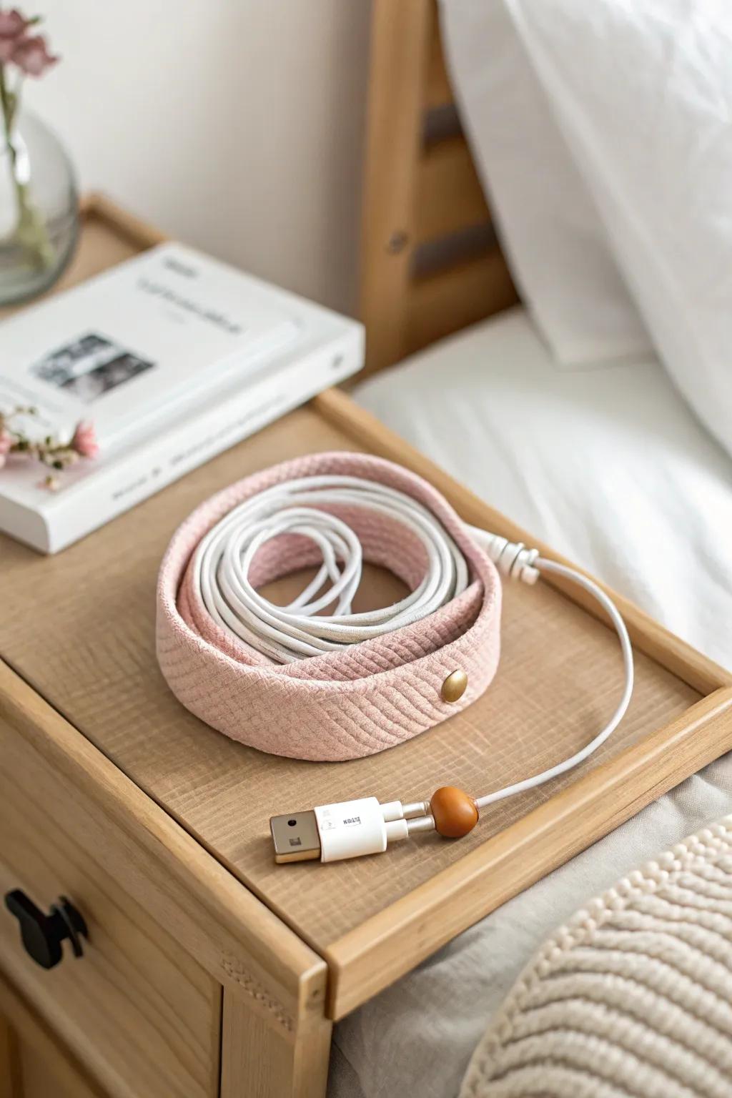 Tame bedside cable clutter with a chic linen cord sleeve—clean, calm, and clutter-free.