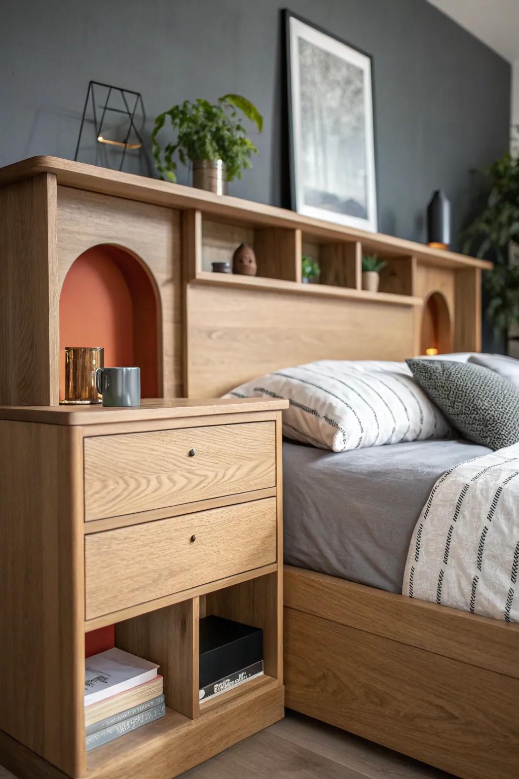 Storage bridge over the headboard: a sleek, space-saving command center for tiny bedrooms.
