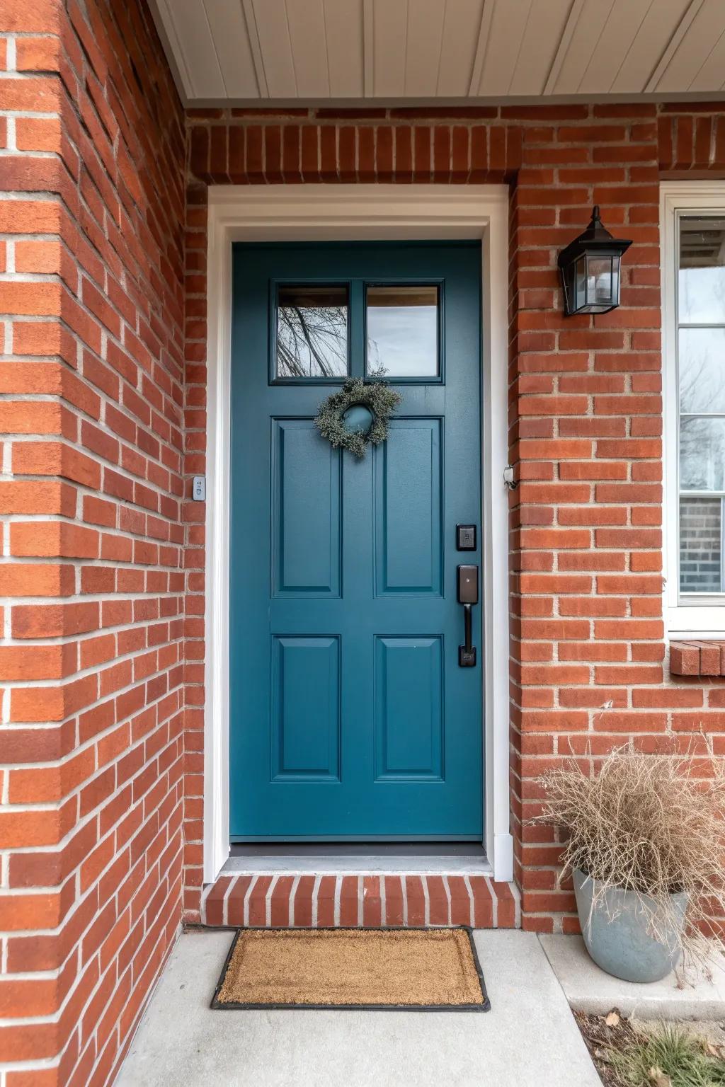 A bold painted door instantly sharpens a small brick porch—fresh contrast, zero renovation.