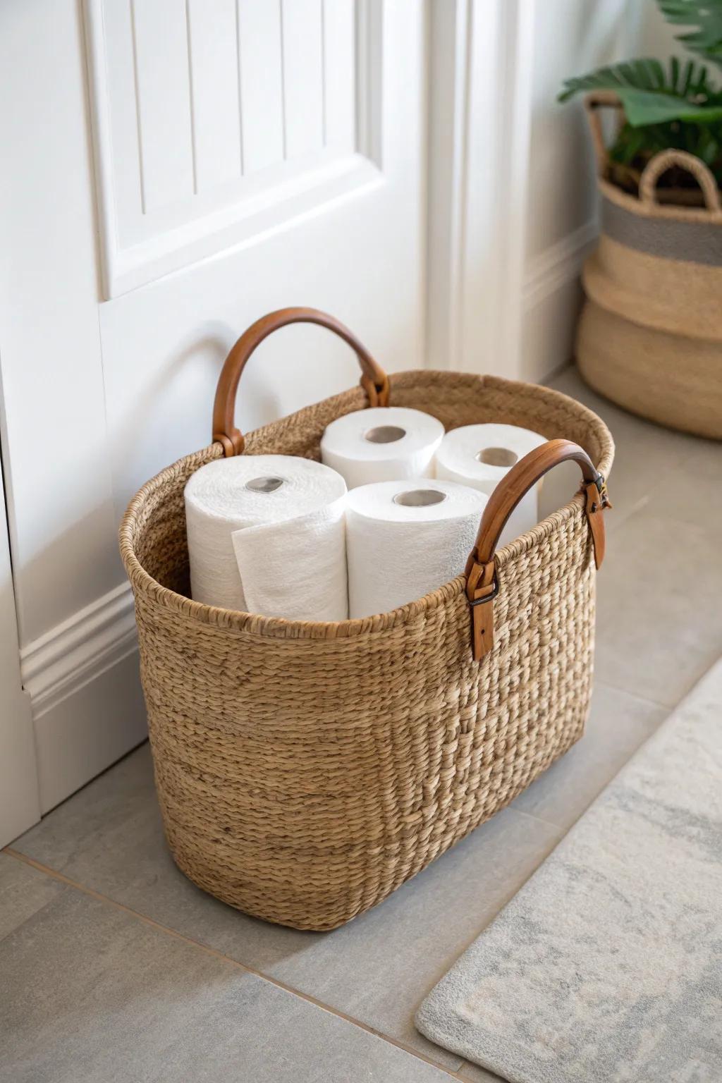Warm woven basket storage in brown tones—cozy, clutter-free style for tiny bathrooms.