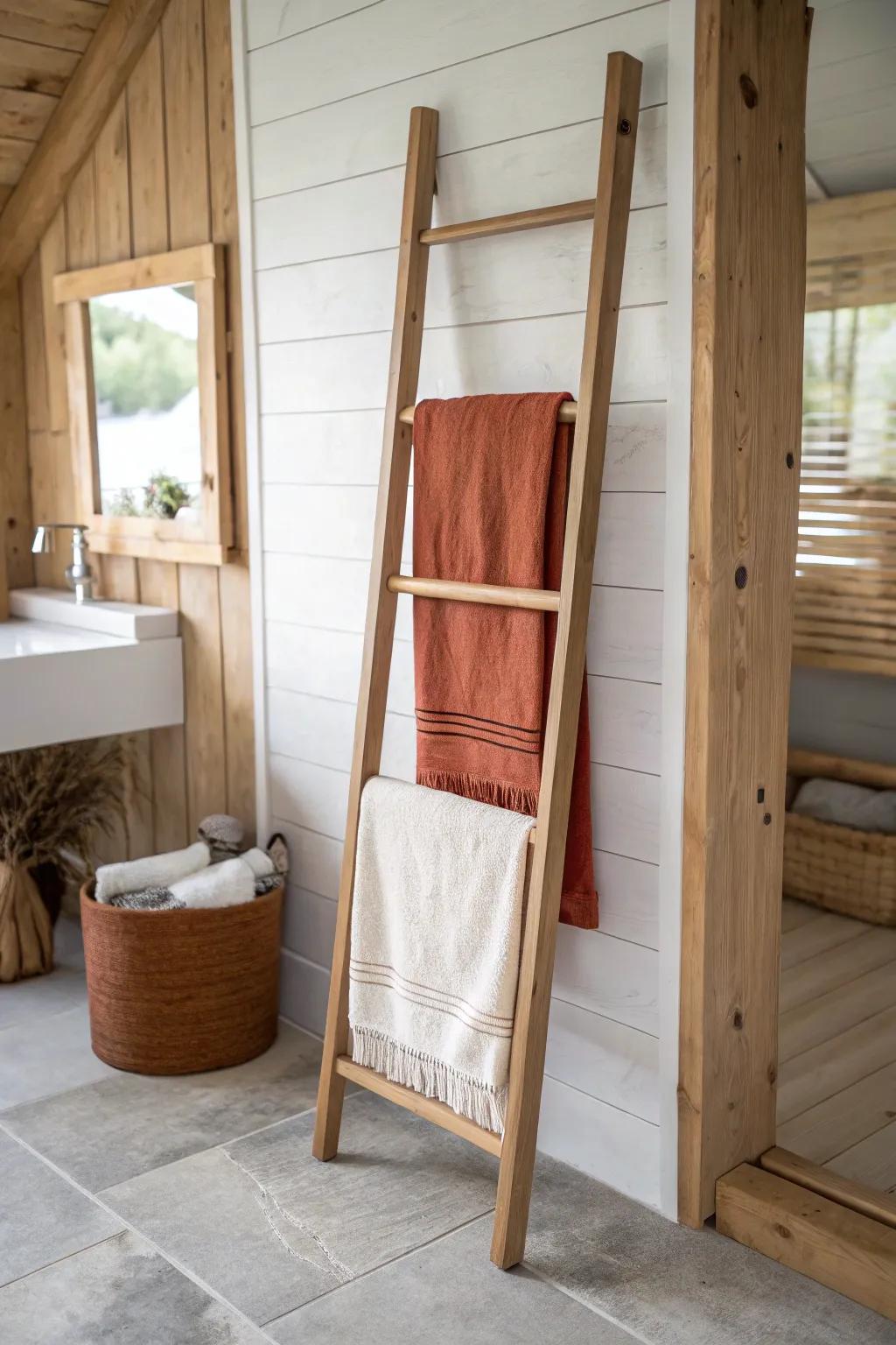 A slim towel ladder adds vertical storage and a cozy spa-cabin vibe—no bulky cabinet needed.
