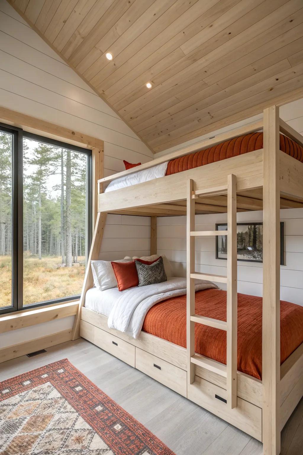 Window-wrapped bunks that hug the view—slim framing, cozy linens, and cabin light.