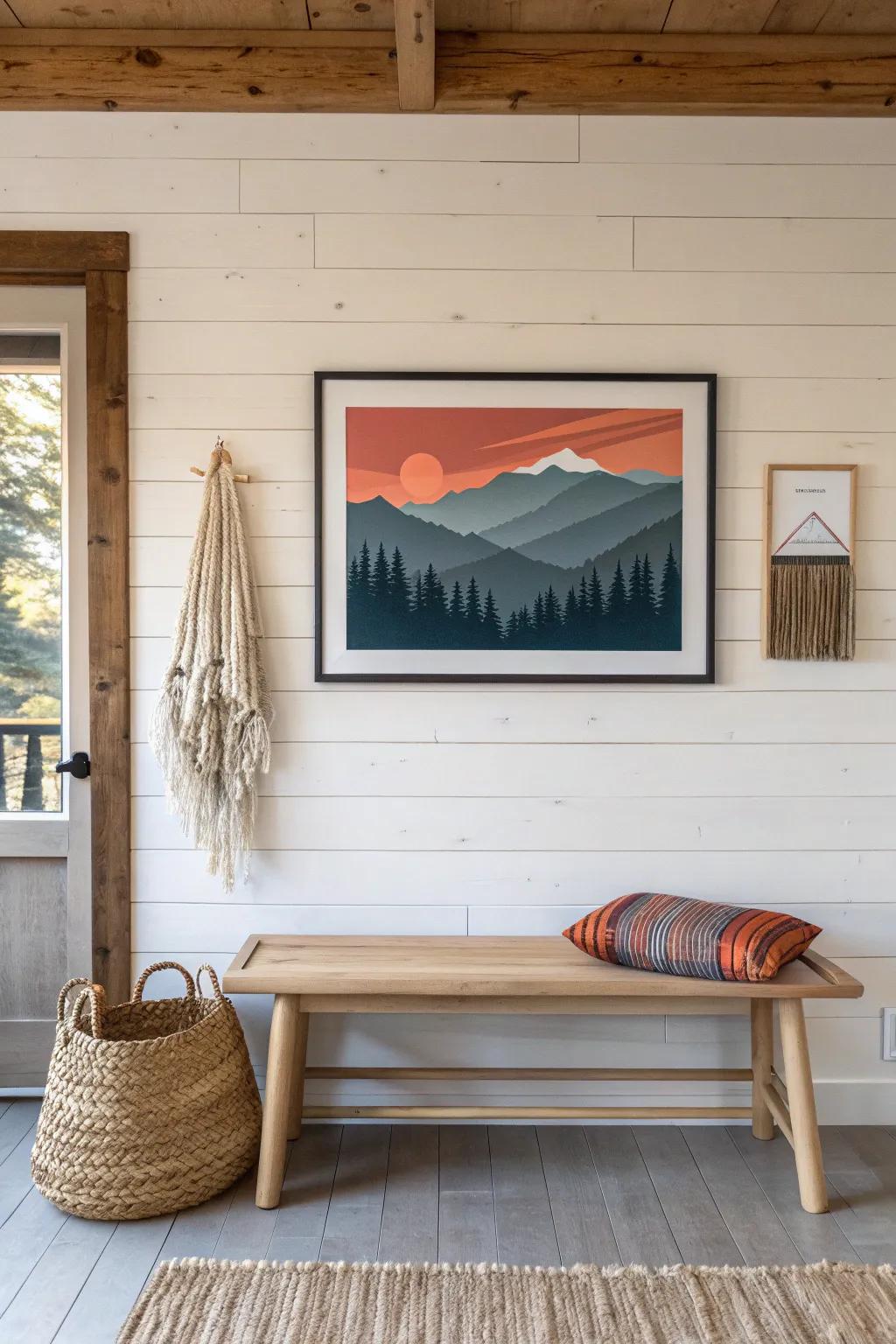 One oversized landscape print adds depth and calm—instant cabin vibe without visual clutter.