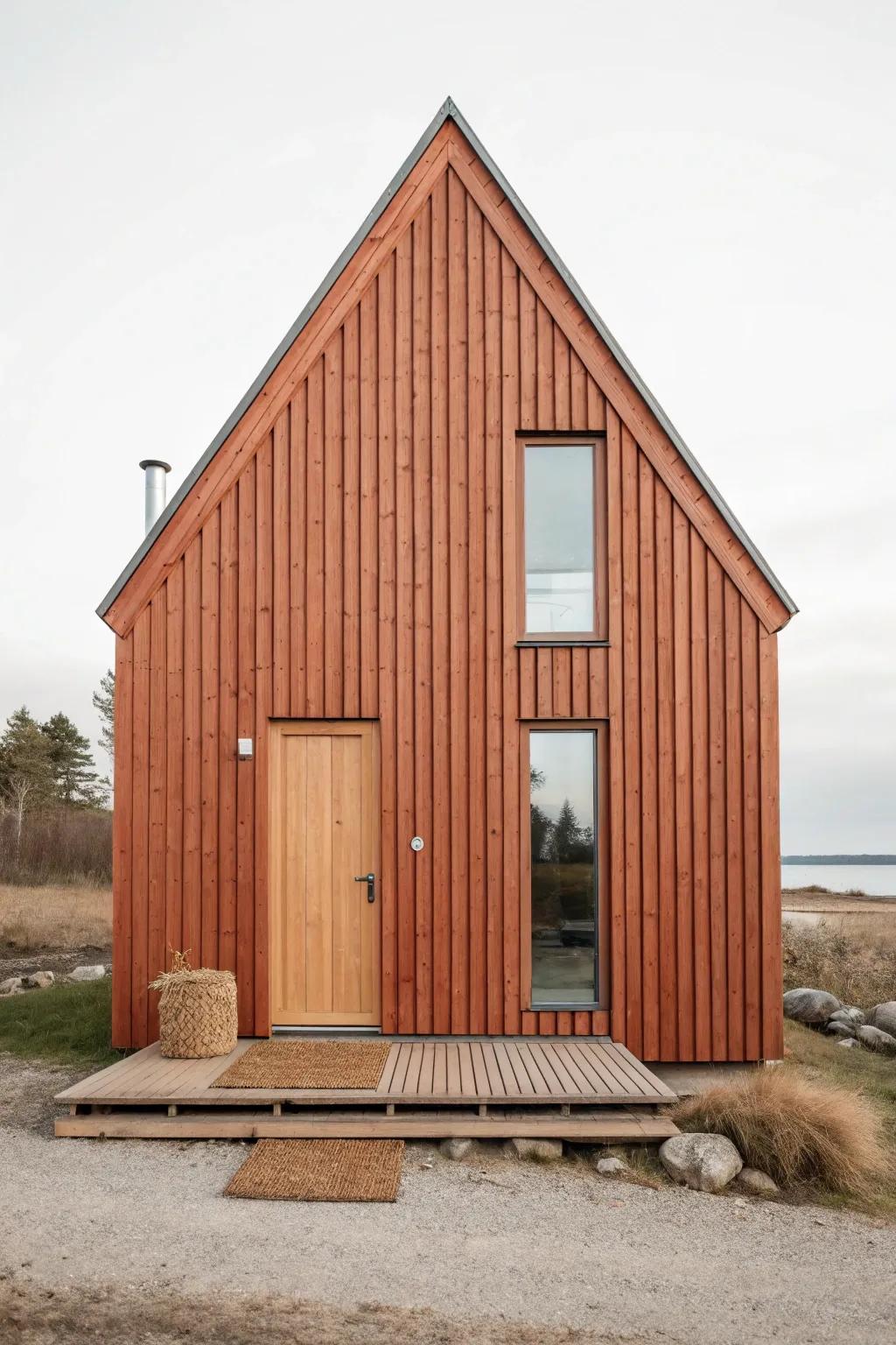 Vertical siding gives this tiny cabin instant height—bold color, clean lines, big presence.