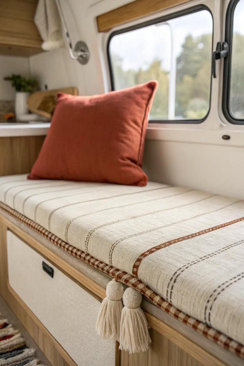 A linen bench cushion cover turns a tiny camper dinette into a lounge-worthy nook.