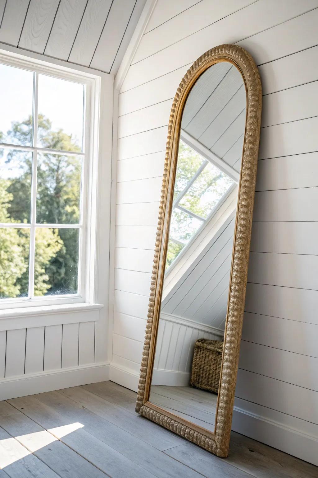 Place a mirror opposite the dormer to double daylight and open up your Cape Cod attic room.