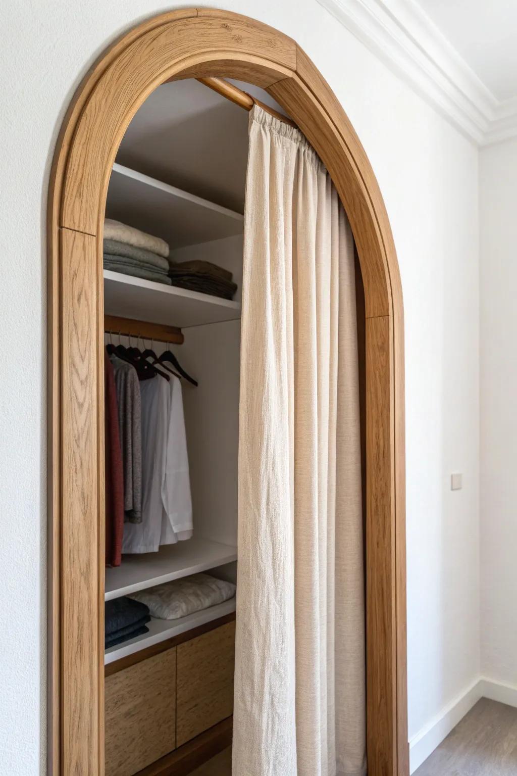 Fake an arched closet opening with trim for a built-in look—instant charm in tiny rooms.