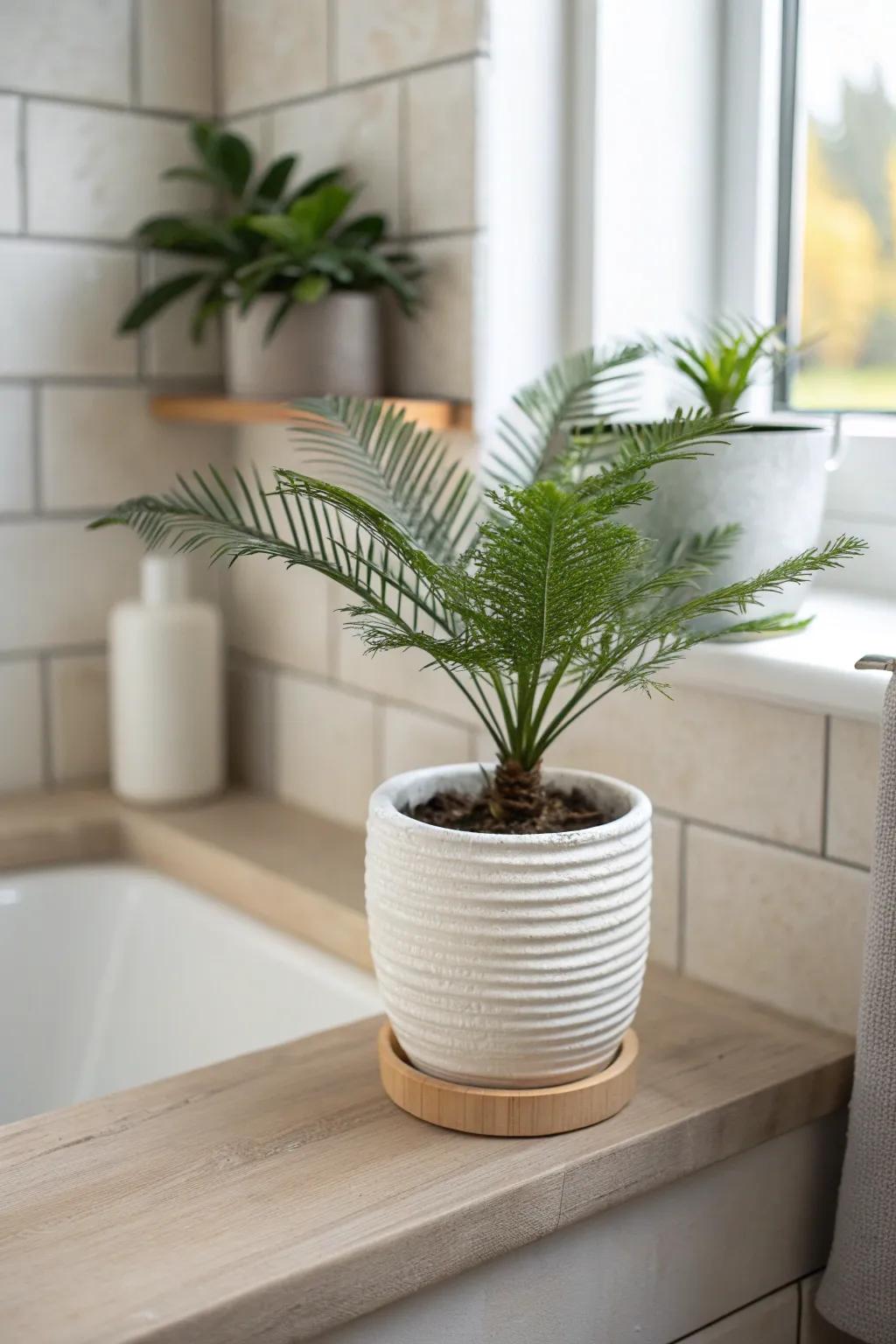 One tiny plant by the window brings fresh coastal energy—without cluttering a small bath.