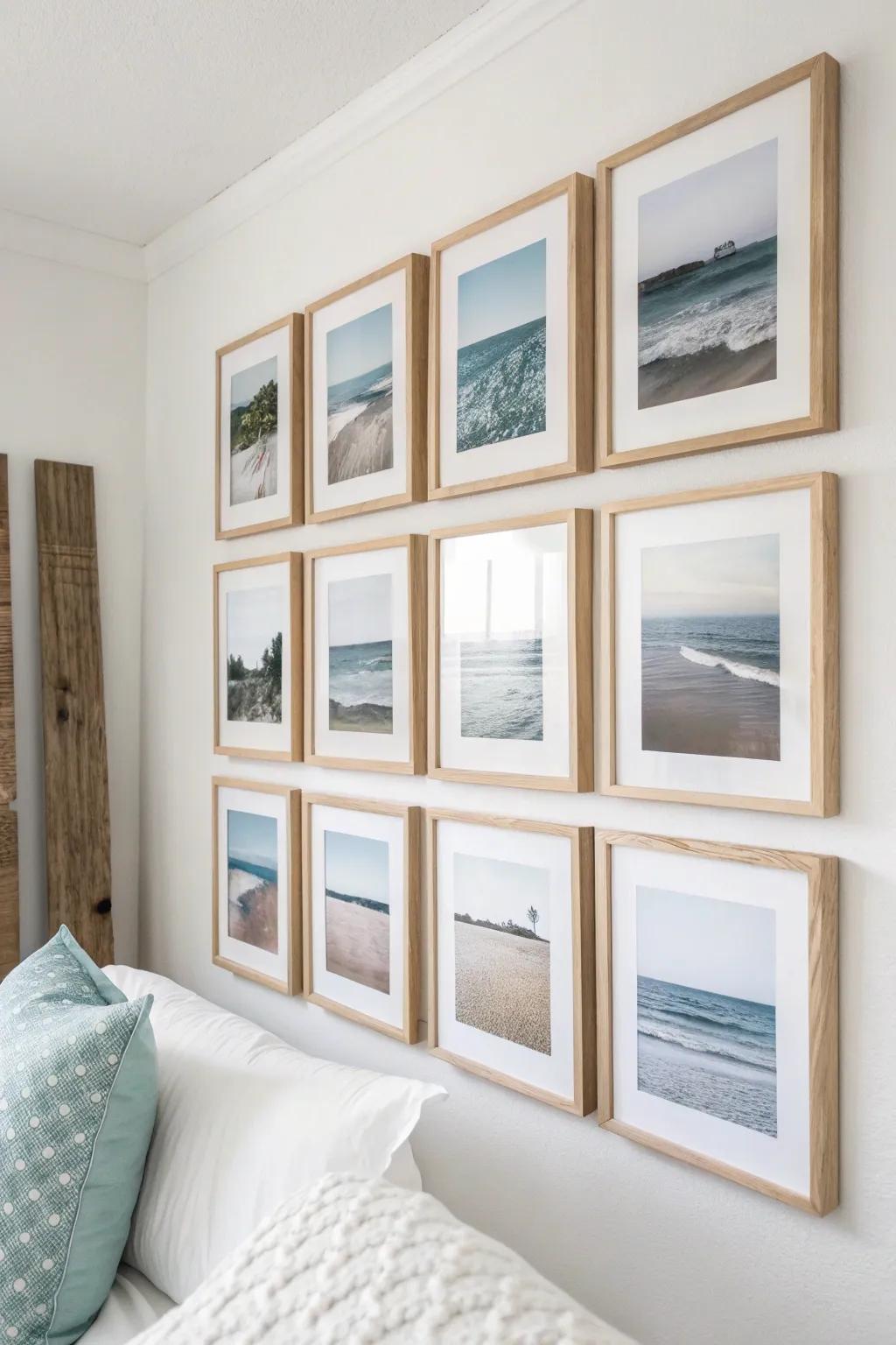 Tiny ocean-print grid above the bed: calm coastal vibes with light frames and bold blue contrast.