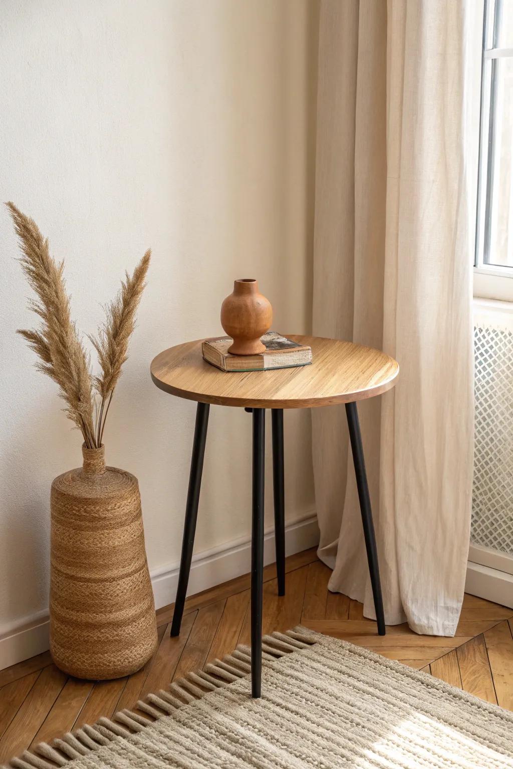 A round side table softens a sharp corner—simple, sculptural, and perfectly space-smart.