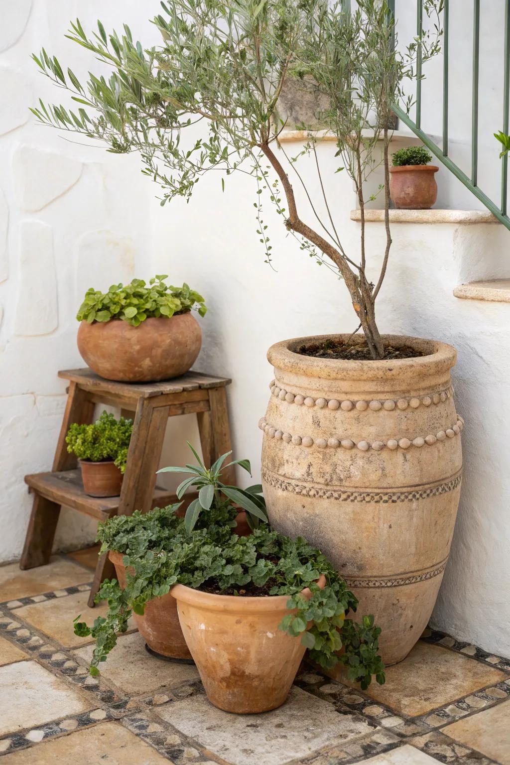 Build a layered potted-plant corner—tall to trailing greens—for a soft, intentional patio nook.