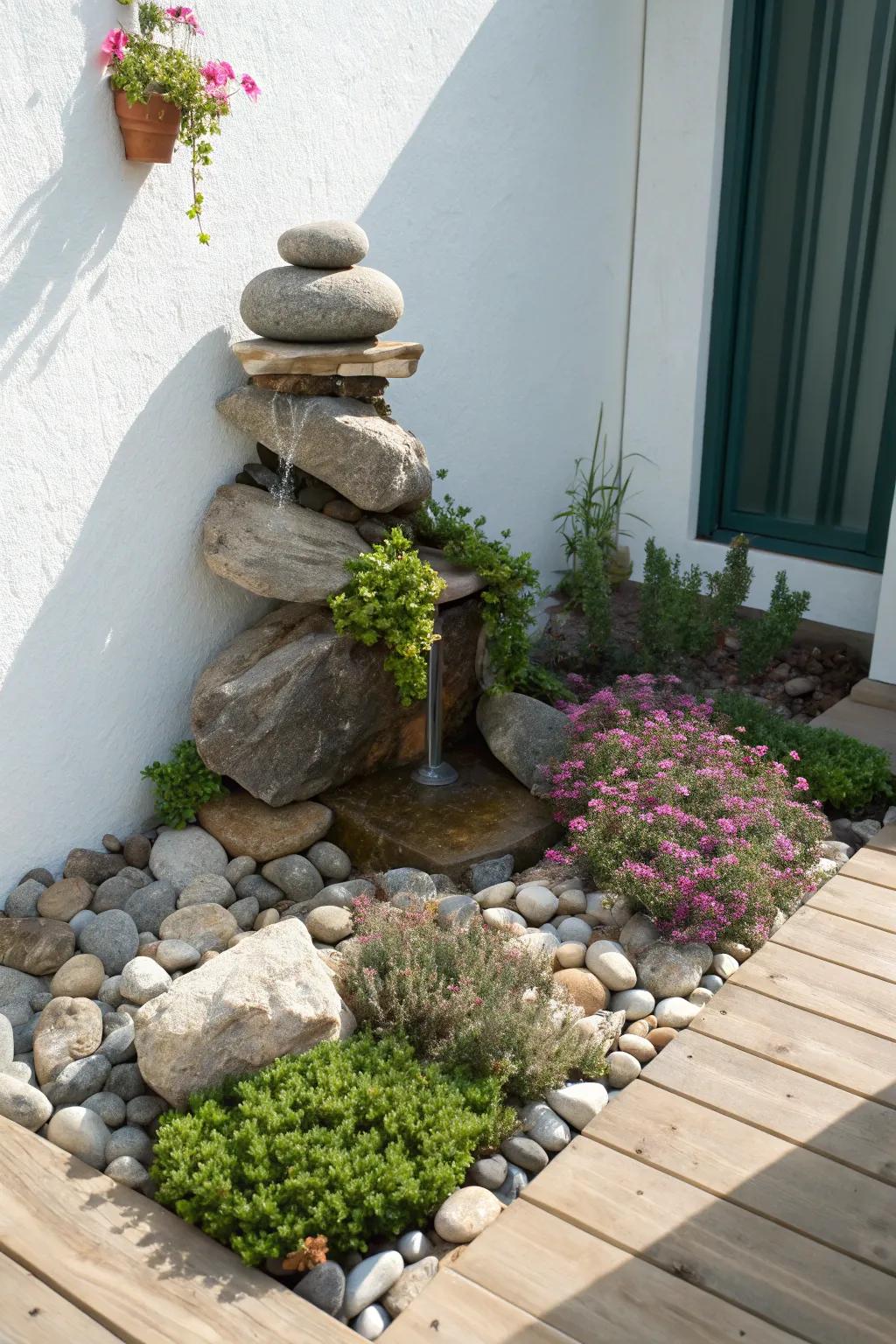 Let groundcover spill over stacked stones to soften a corner rock garden with cozy texture.
