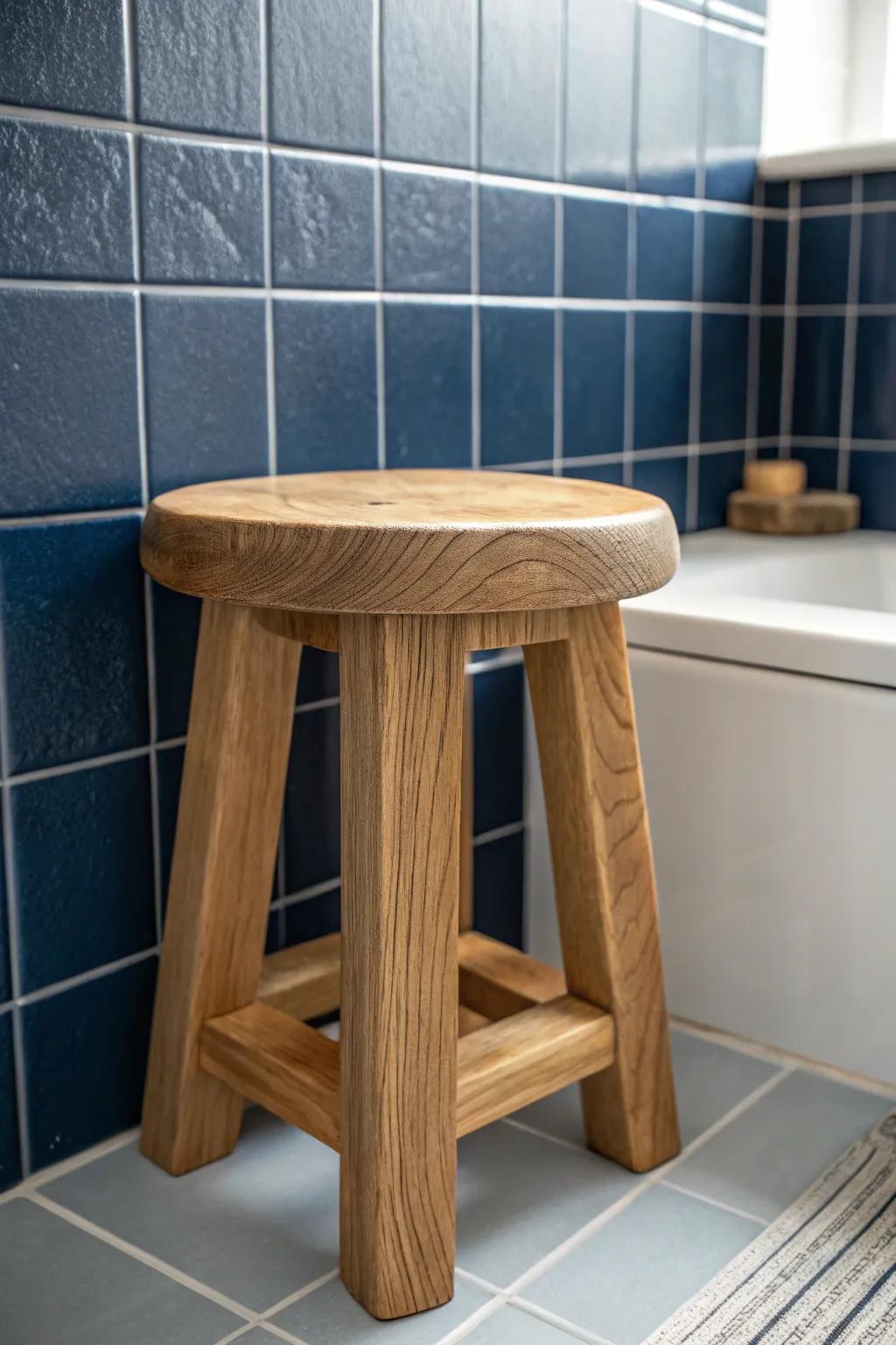 Warm oak stool against deep navy—an instant cozy contrast for a small dark blue bathroom.