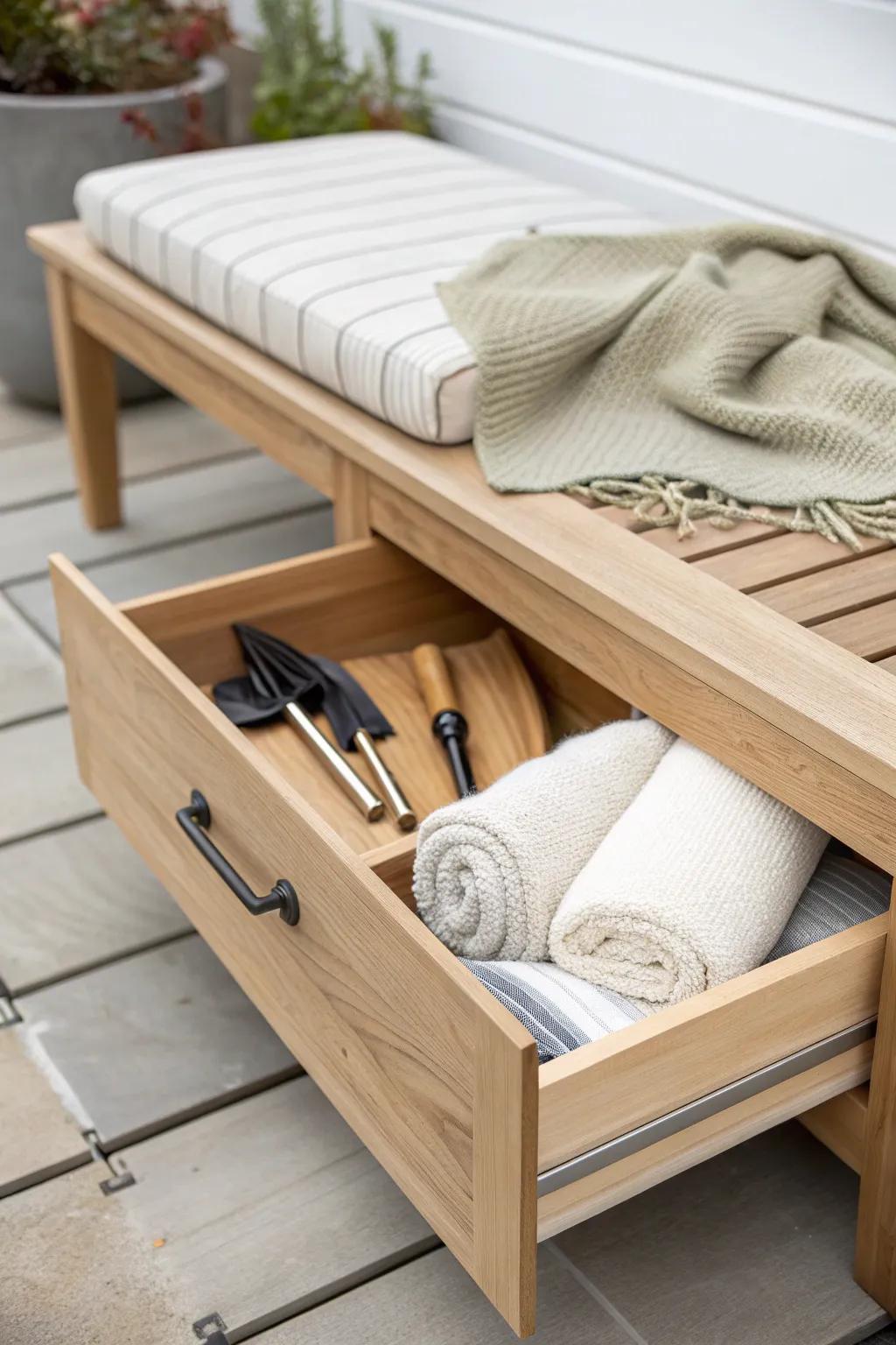 Hidden under-bench drawer storage keeps a tiny deck tidy—without sacrificing style.