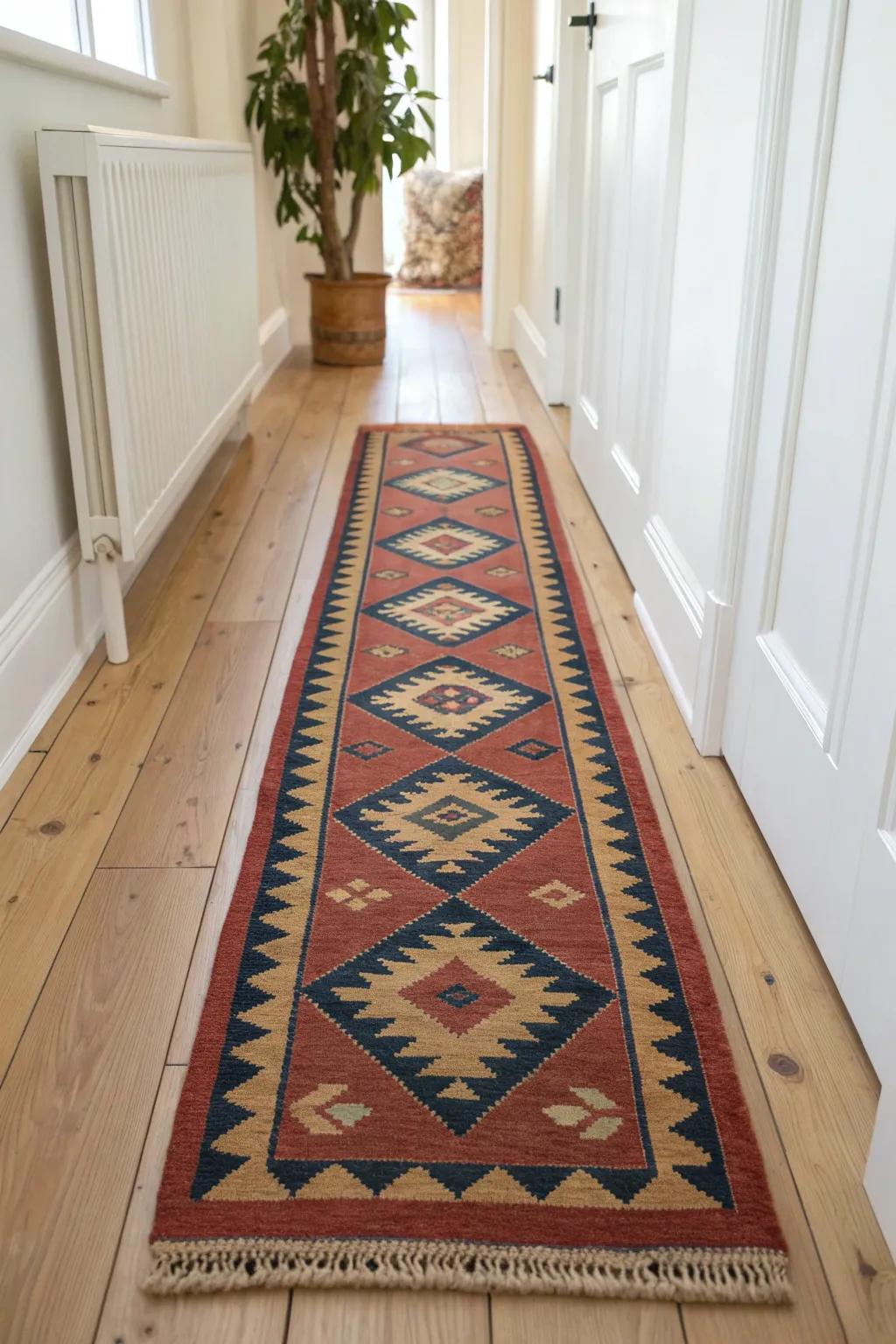 A bold handwoven runner marks the path—beautiful, breathable flow for a small den.