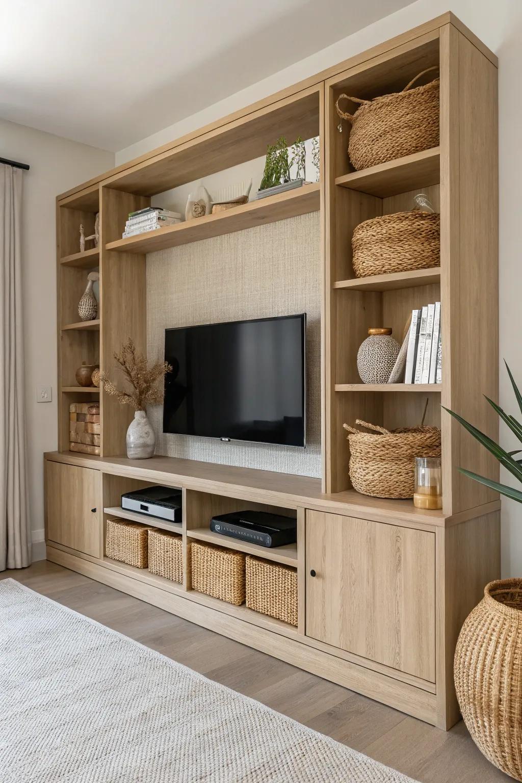 Built-in-look storage with rattan sliders makes the TV vanish—perfect for a small den.