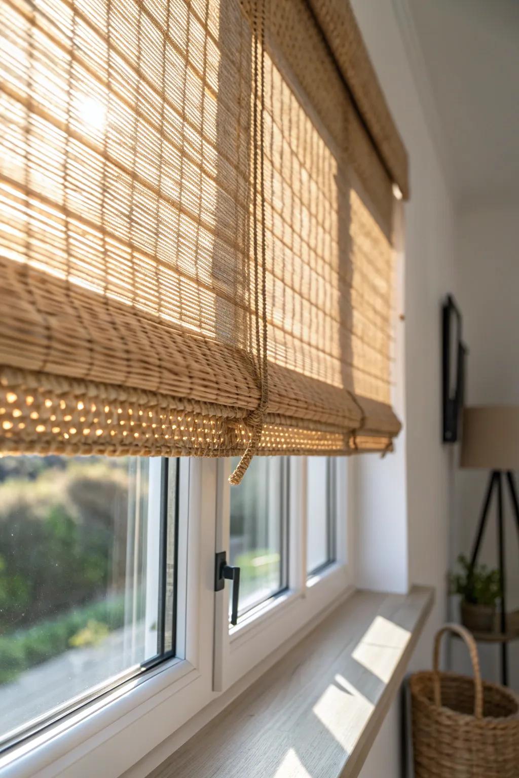 Woven bamboo shade adds cozy texture to a small dining window—warm glow, zero heaviness.
