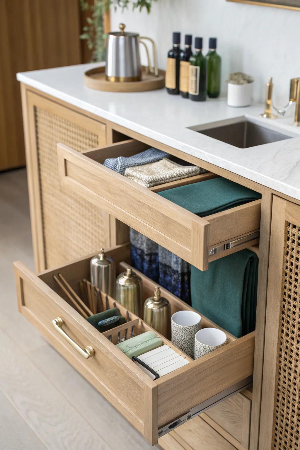 Hidden drawer dry bar: stash napkins and stirrers out of sight, keep counters calm.