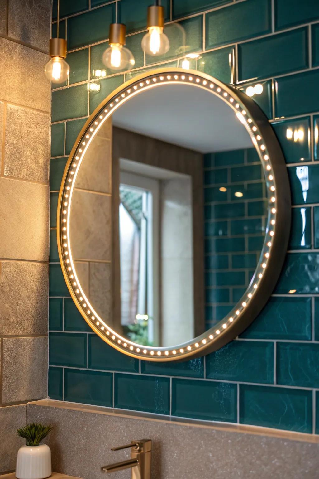 Layered light in a tiny en suite: bright mirror glow, soft overhead warmth, calm floor nightlight.