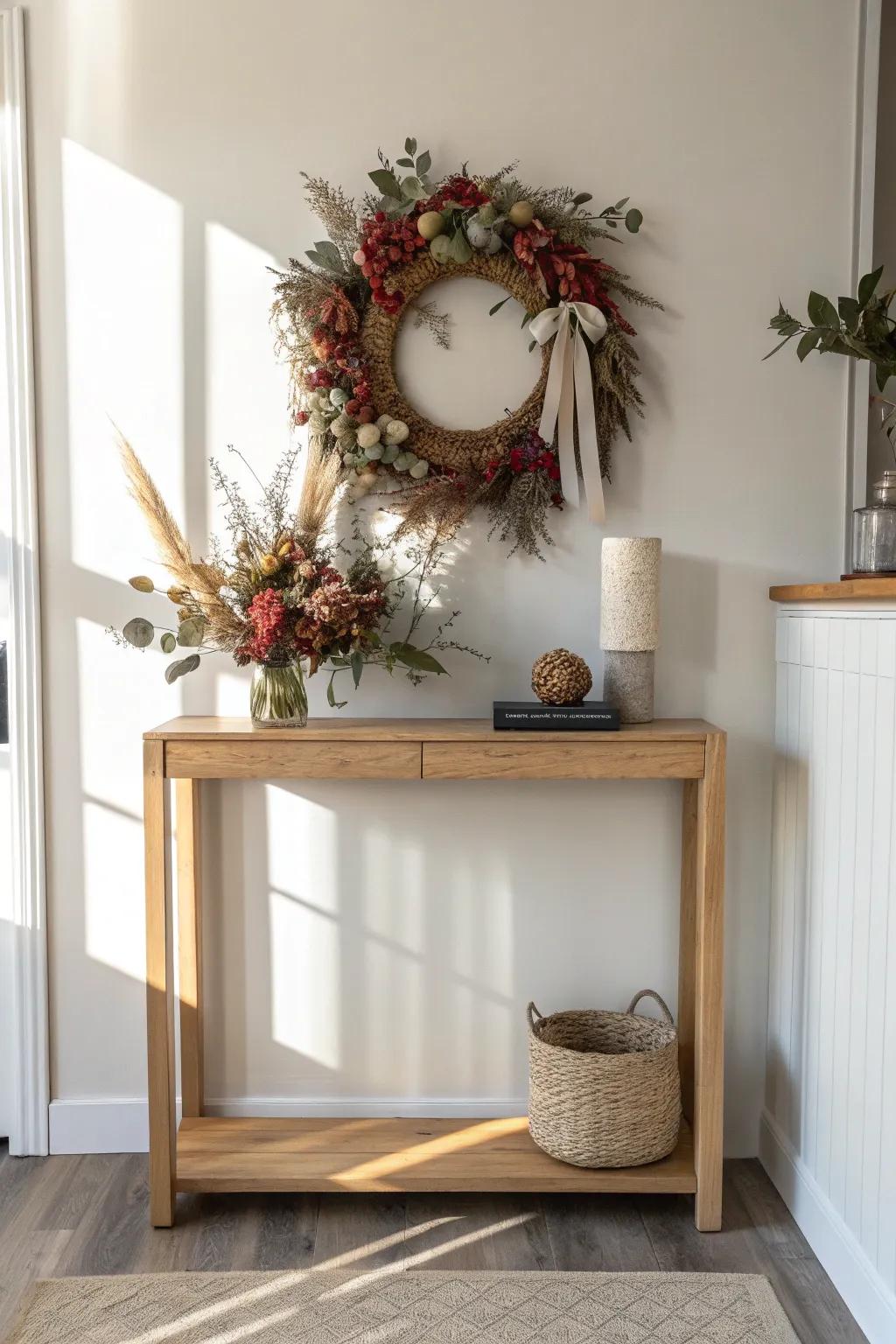 Small entry, big impact: rotate one handmade seasonal wreath and keep the rest calm.