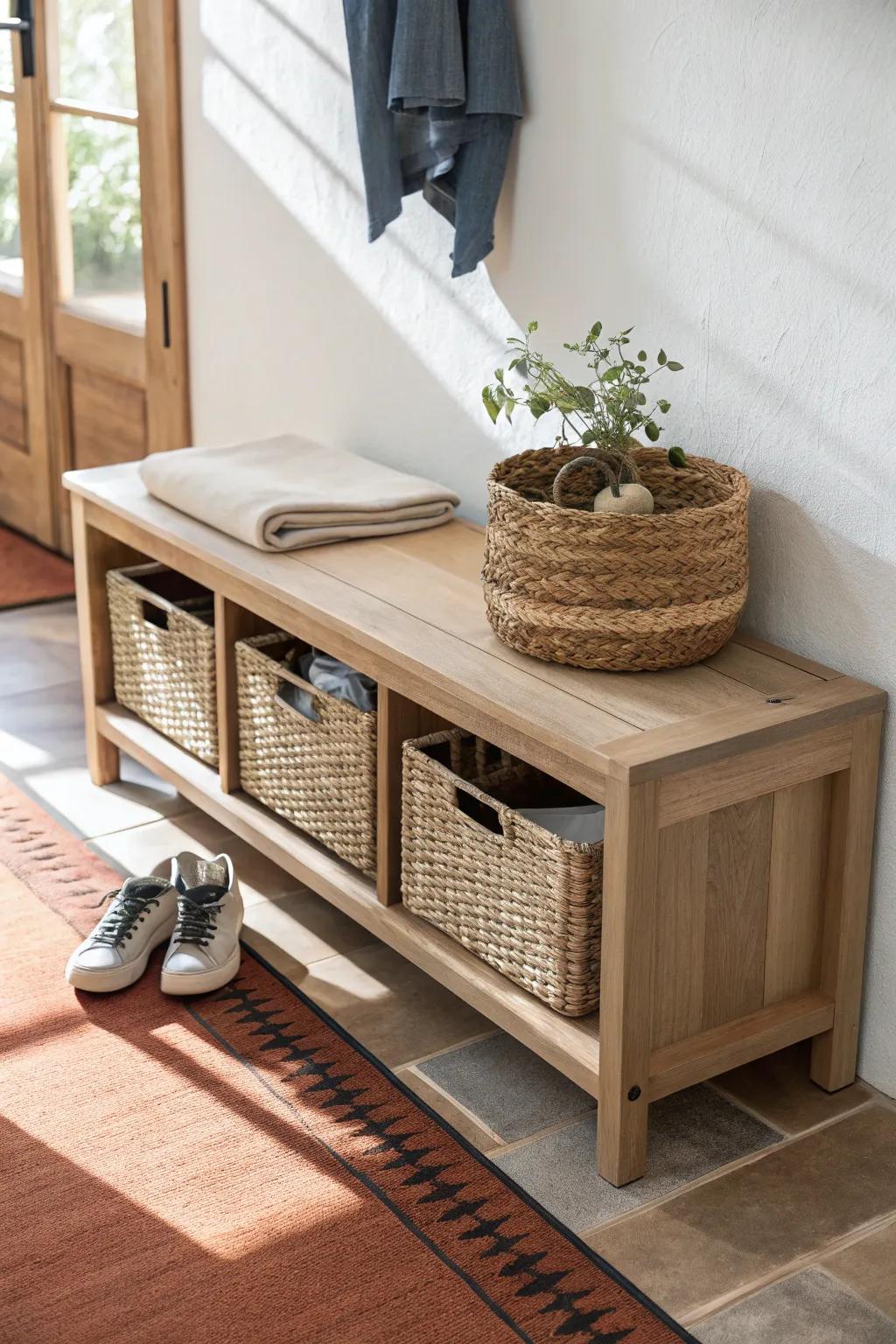 A slim oak bench with pull-out rolling baskets—grab shoes fast in the tightest entryway.